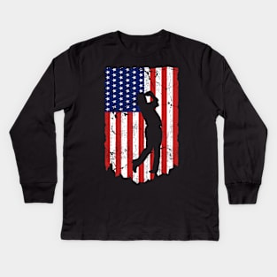 American Flag Golf 4th July Patriotic Golfer Kids Long Sleeve T-Shirt